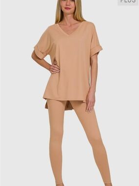 Women's V-Neck Tunic Top & Legging Set - Camel - Plus Size